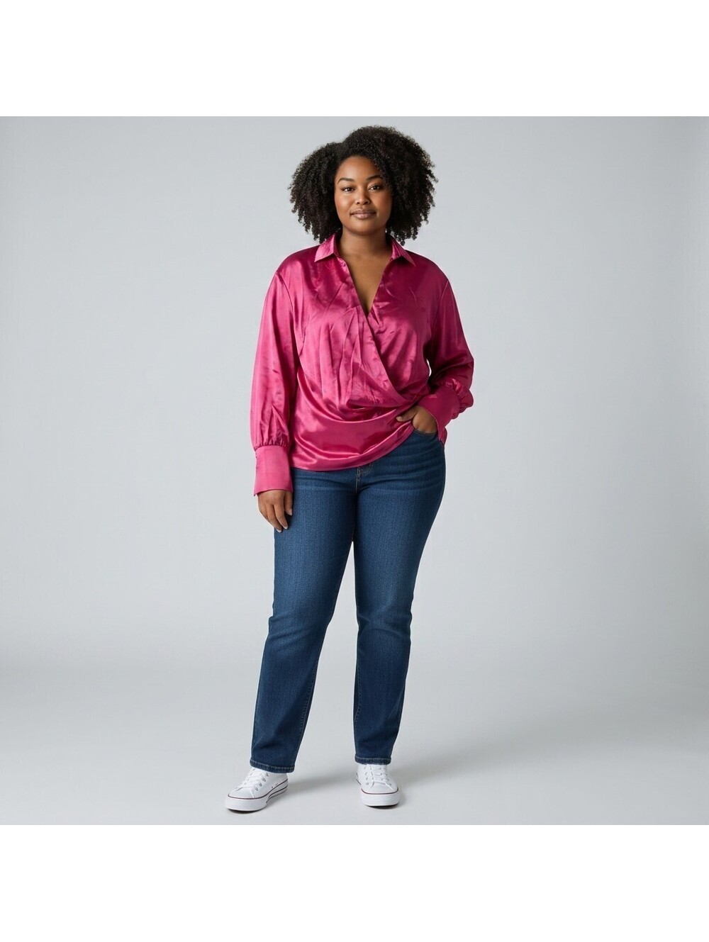 New Incerun Wrap Blouse Women XL Pink Collared Long Sleeve Casual Comfort Solid